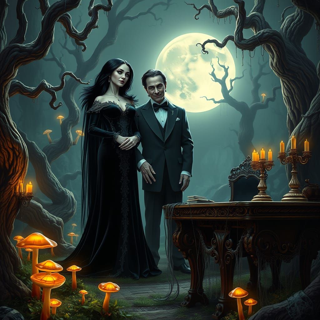 Morticia and Gomez with Wednesday in Whimsical Gothic Forest