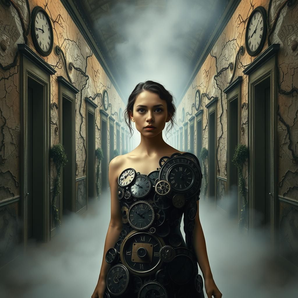 Surreal Dreamscape: Woman in Endless Hallway