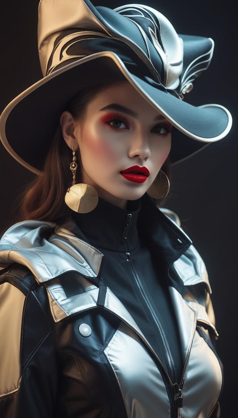 Fashion Model with Red Lips and Hat Portrait
