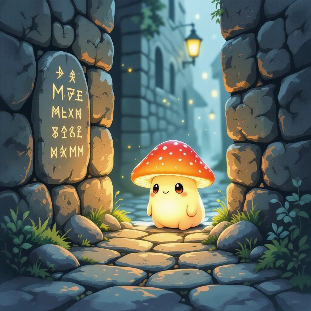 Glowing Mushroom Creature in Mystical Alleyway