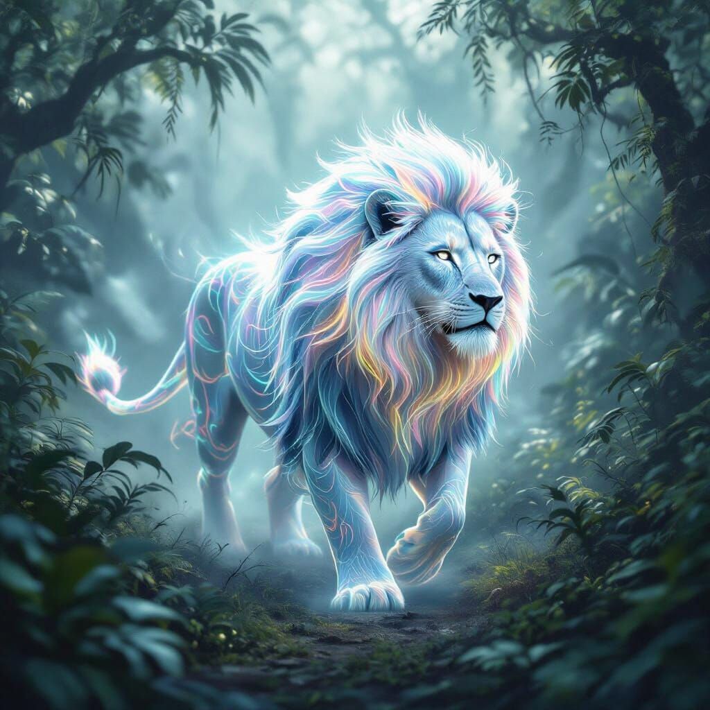 Bioluminescent Lion in a Dreamlike Jungle