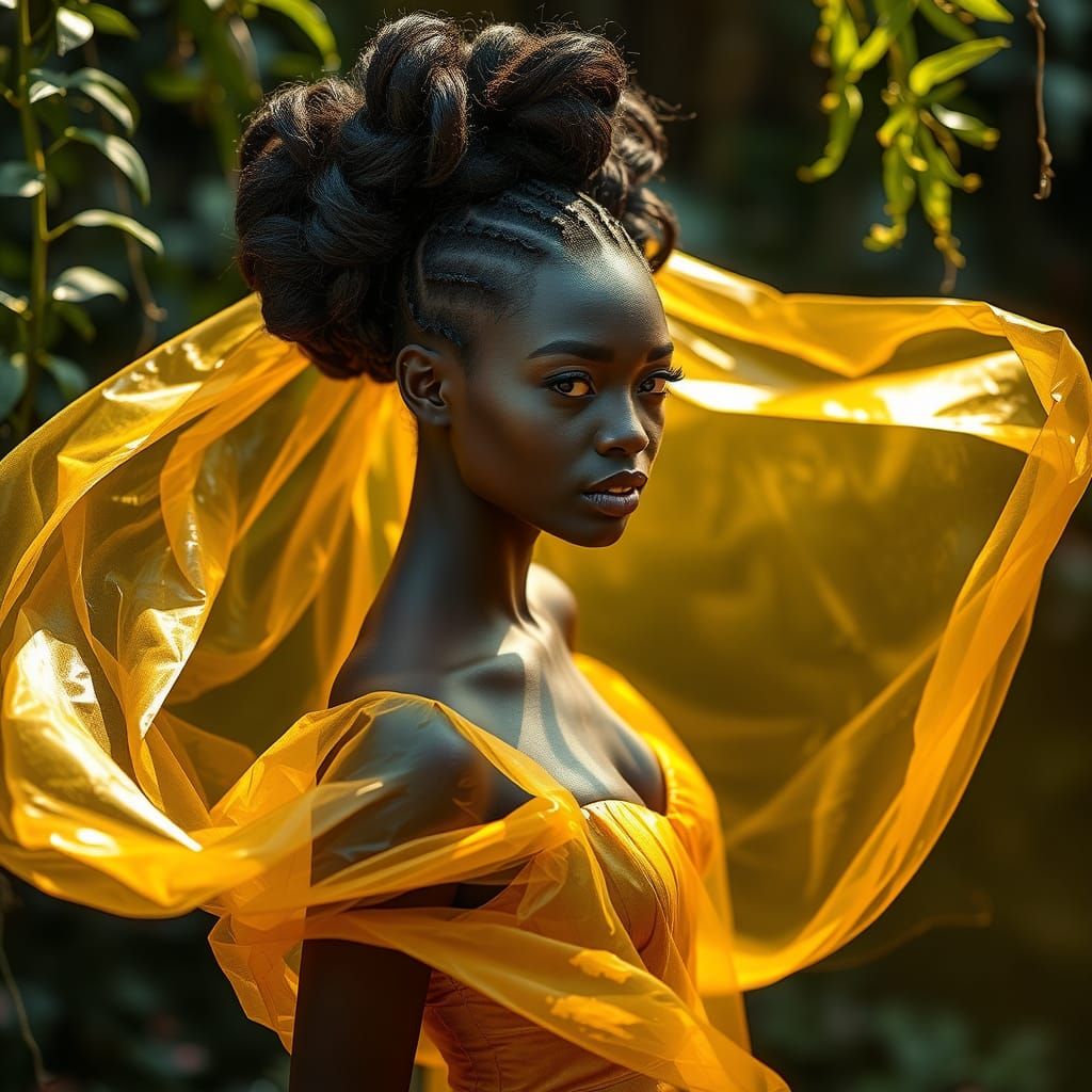 Woman in Gold Dress in Overgrown Garden