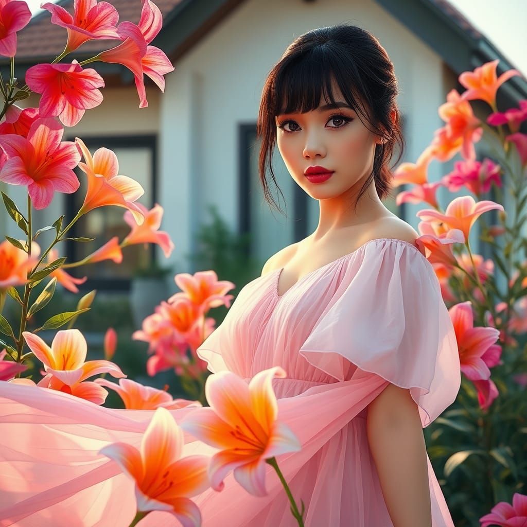 Beautiful Woman in Sunflower Garden, Oil Painting