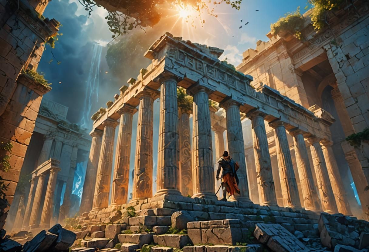 Heroic Greek Warrior in Ruined Temple