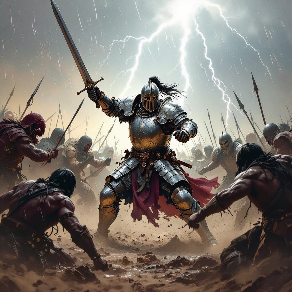 Crusader Knight Fights Monsters in Epic Fantasy Art Style