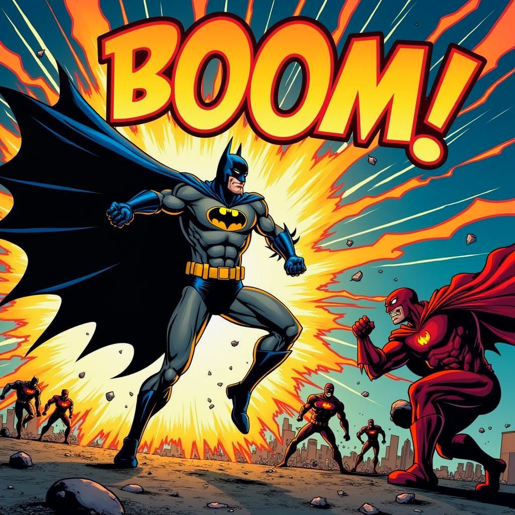 Batman Comic Panel Battle with 'BOOOM!' Sound Effect