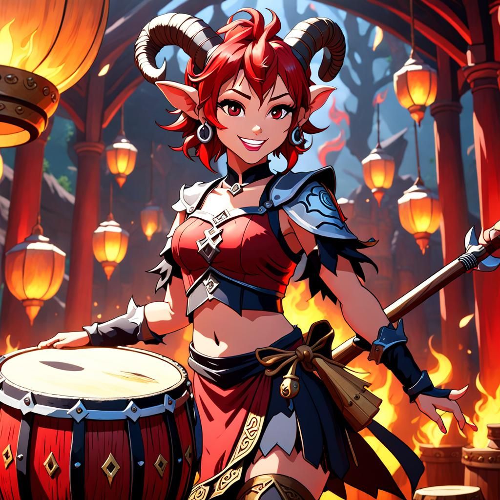 Tiefling Bard with Dancing Satyrs: Anime Style