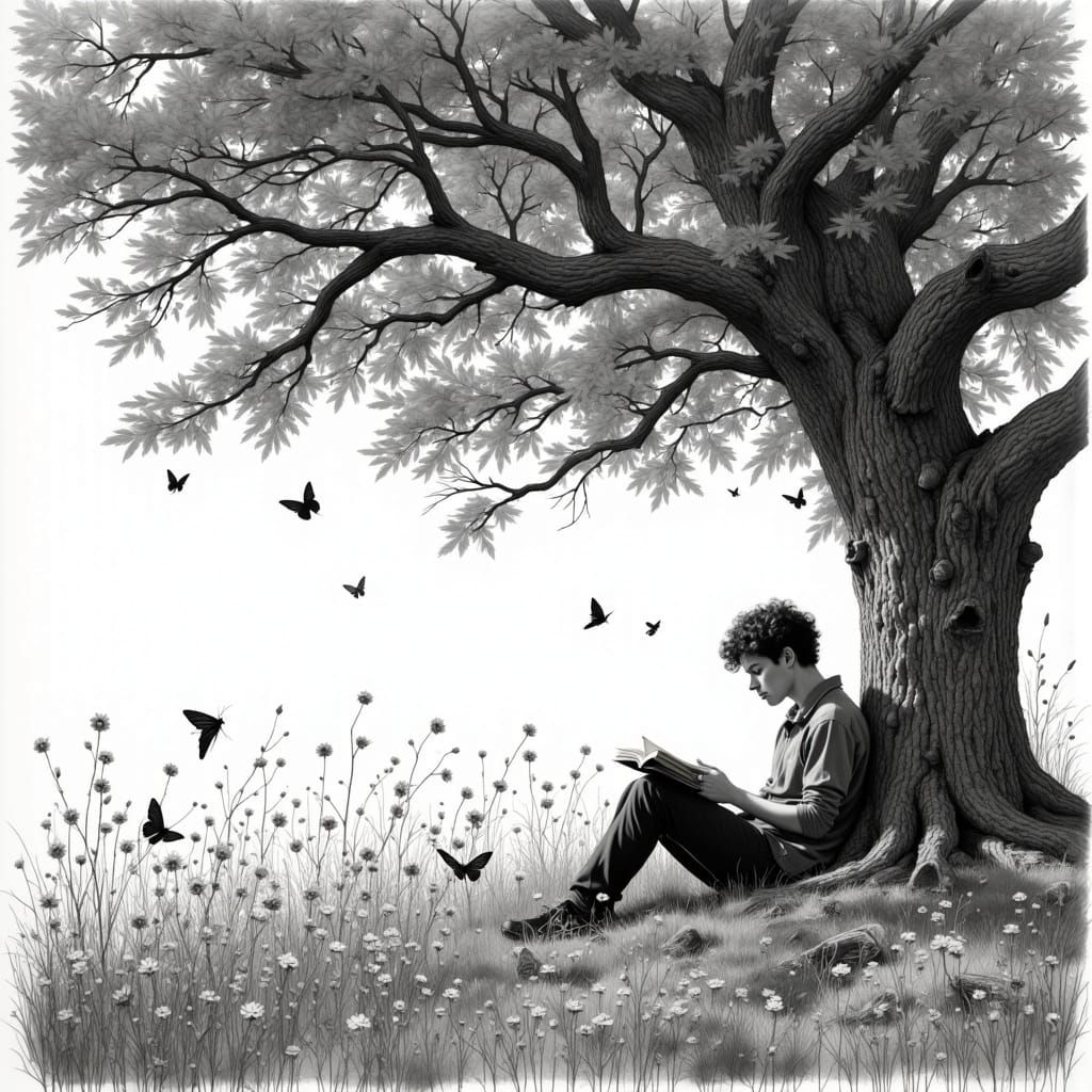 Young Man Reading Under Oak Tree: Charcoal Drawing