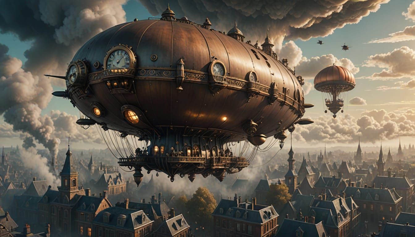 steampunk airships float silently