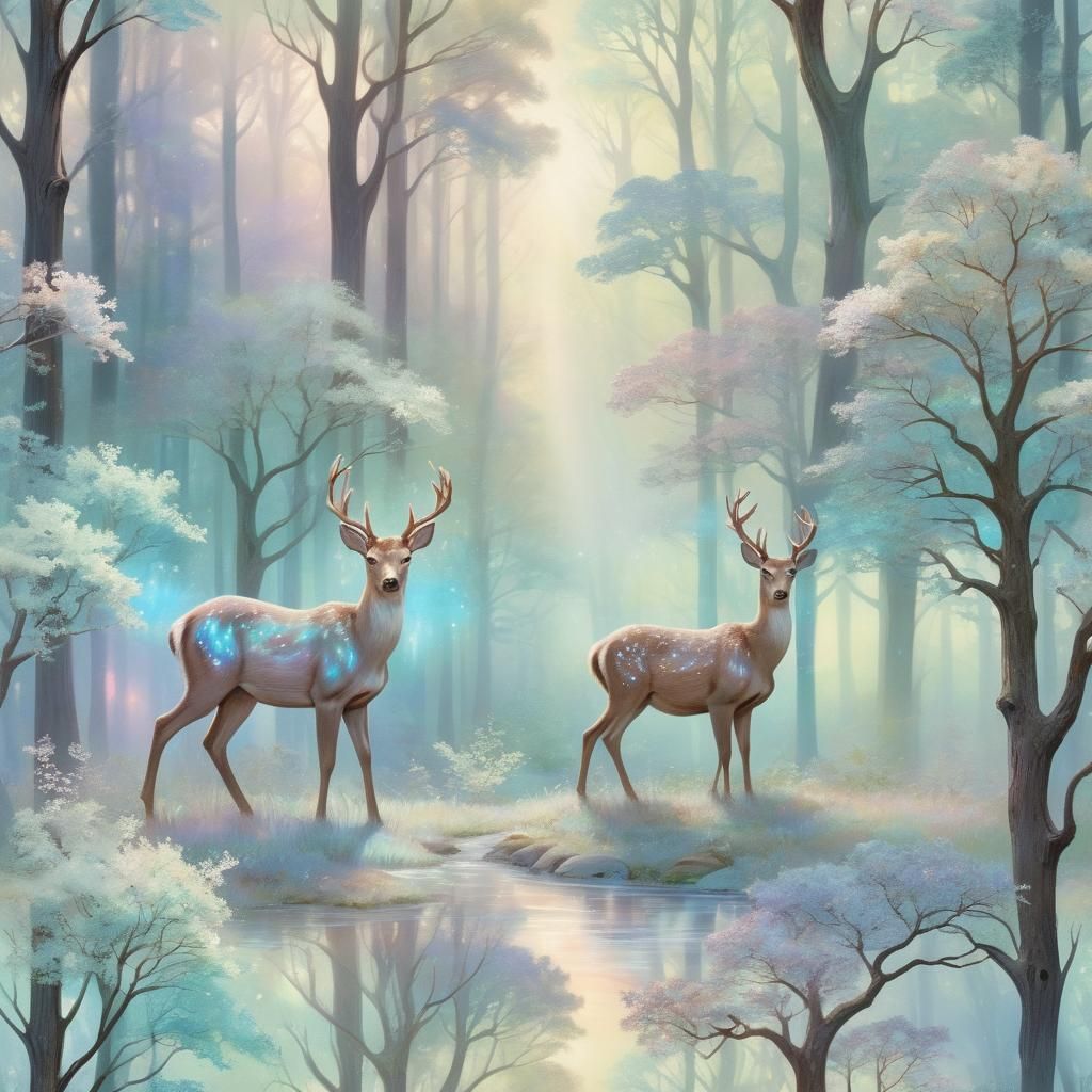 “A shimmering opal deer in a tranquil clearing (+1). The dee...