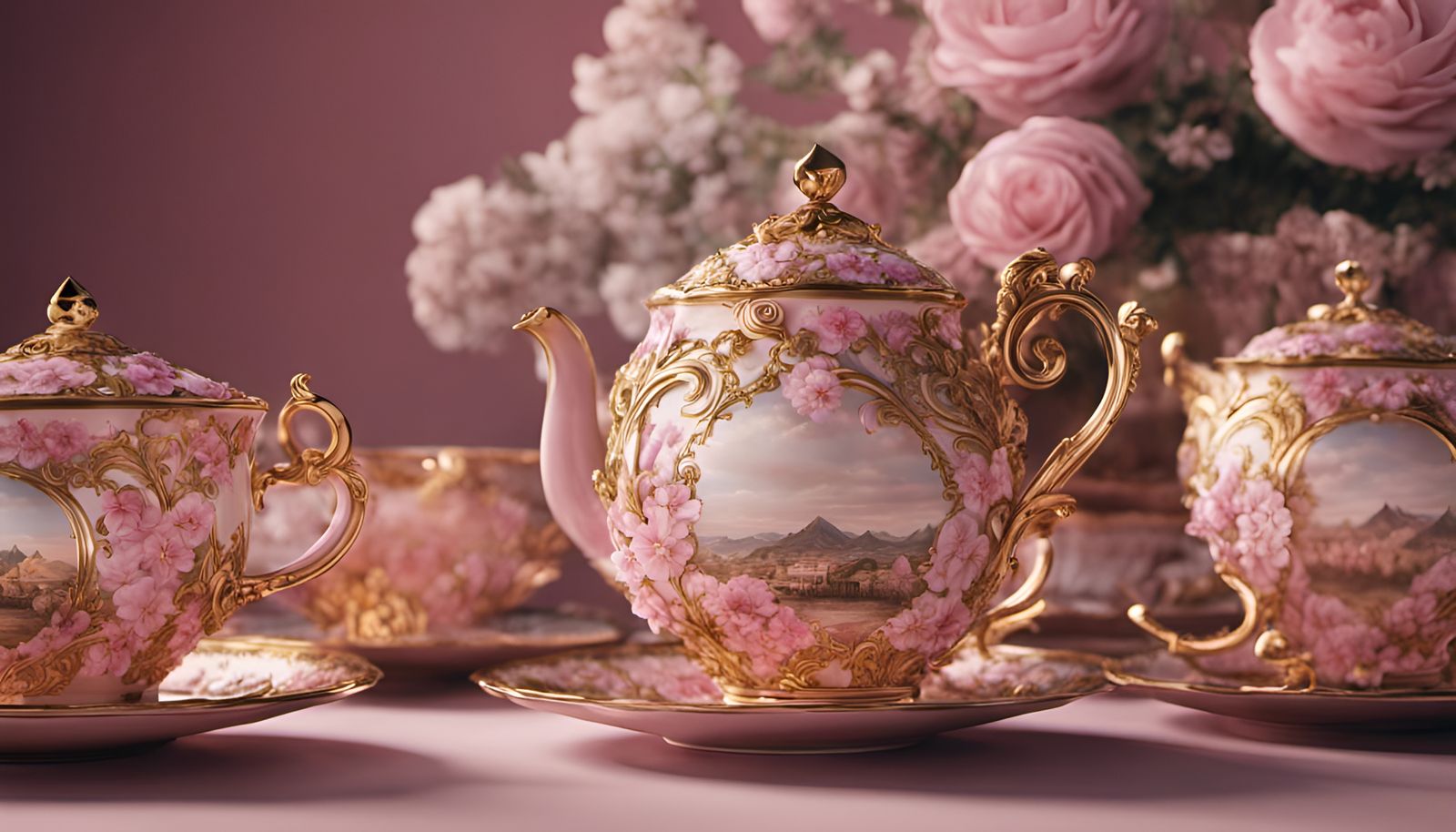 Elegant Pink and Gold Tea Cups, Digital Matte Painting