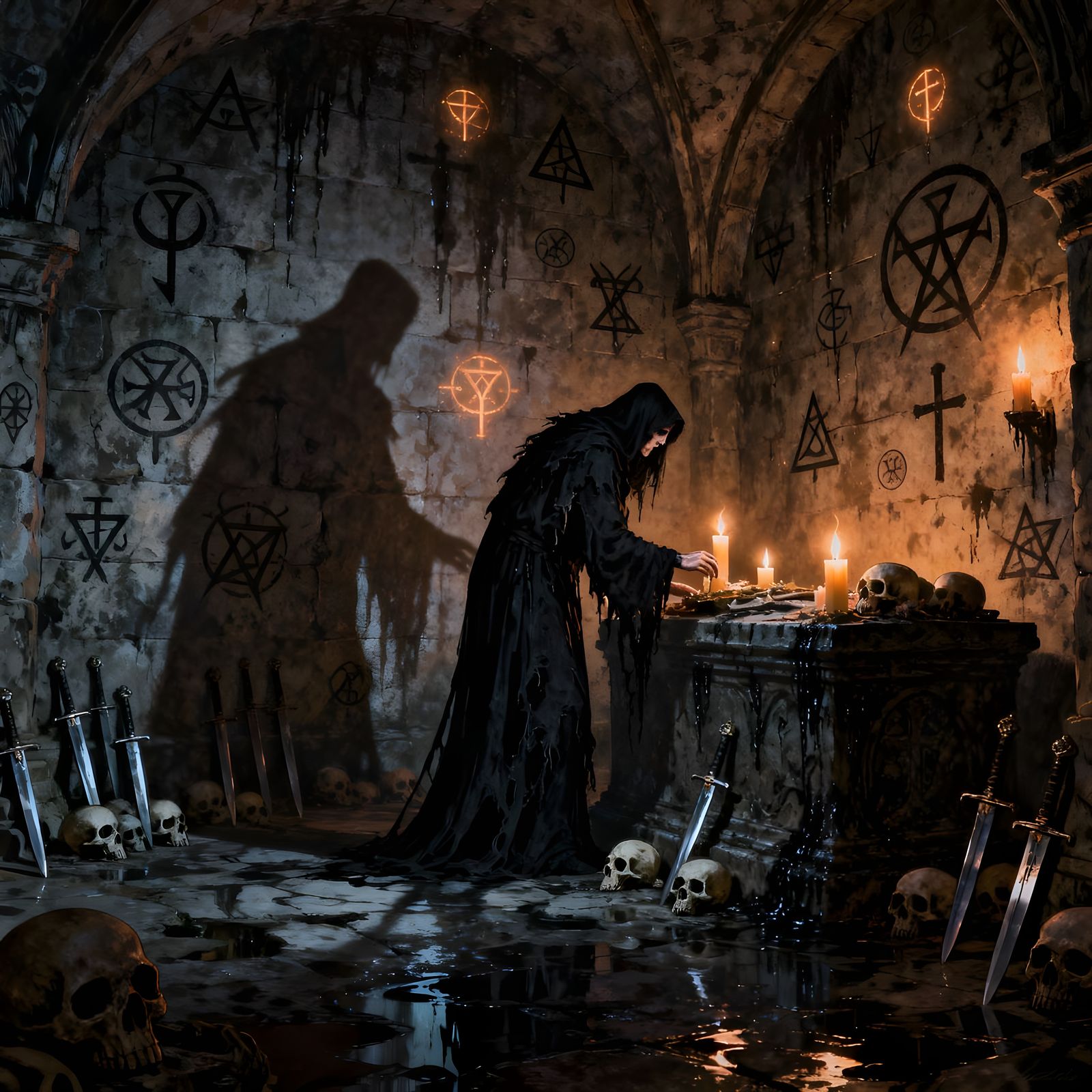 Macabre Crypt Scene with Satanic Symbols in Doré Style