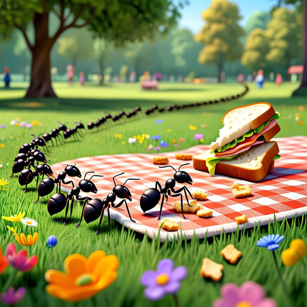Ants Marching to Picnic Blanket in Whimsical Park Setting