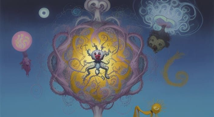 Surreal Clown Transcends Reality in Vibrant Dreamlike Scene