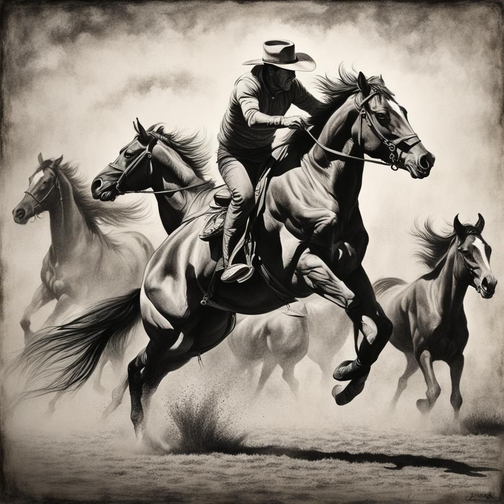 Wild Horse Rearing: Hyperdetailed Charcoal Drawing