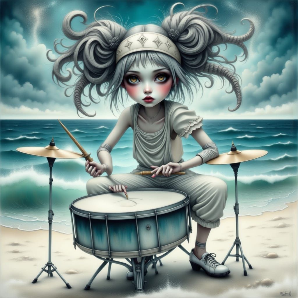 Woman Playing Drums on Shore in Dreamy Landscape