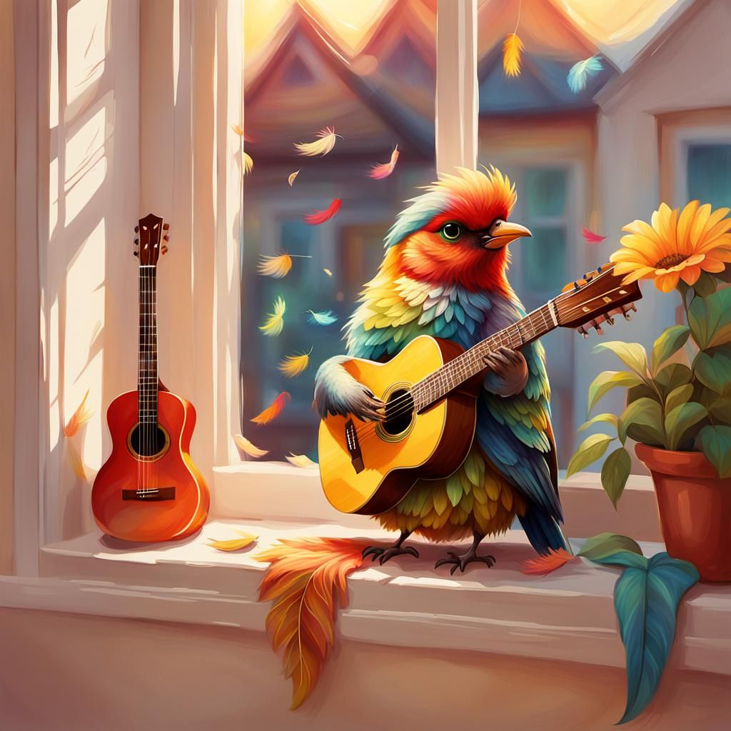 Bird Plays Guitar on Windowsill: Whimsical Digital Art