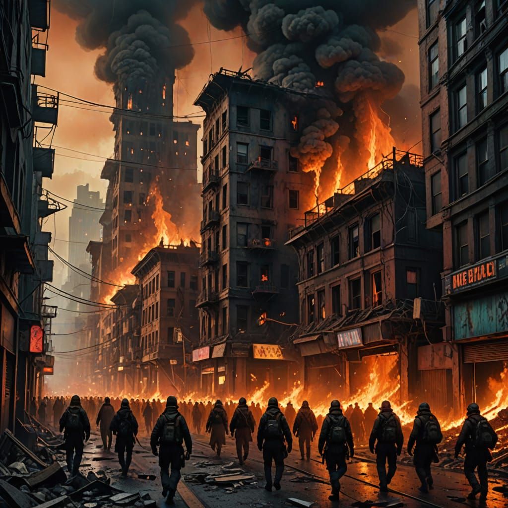 Dystopian Metropolis in Flames, War-Torn Landscape