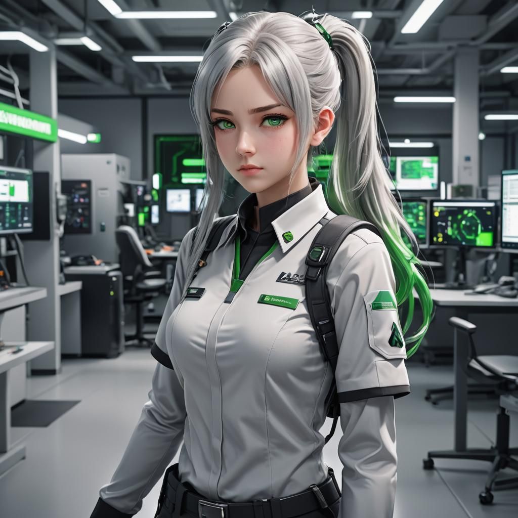 Tween Girl in Tech Room: 3D Anime Art
