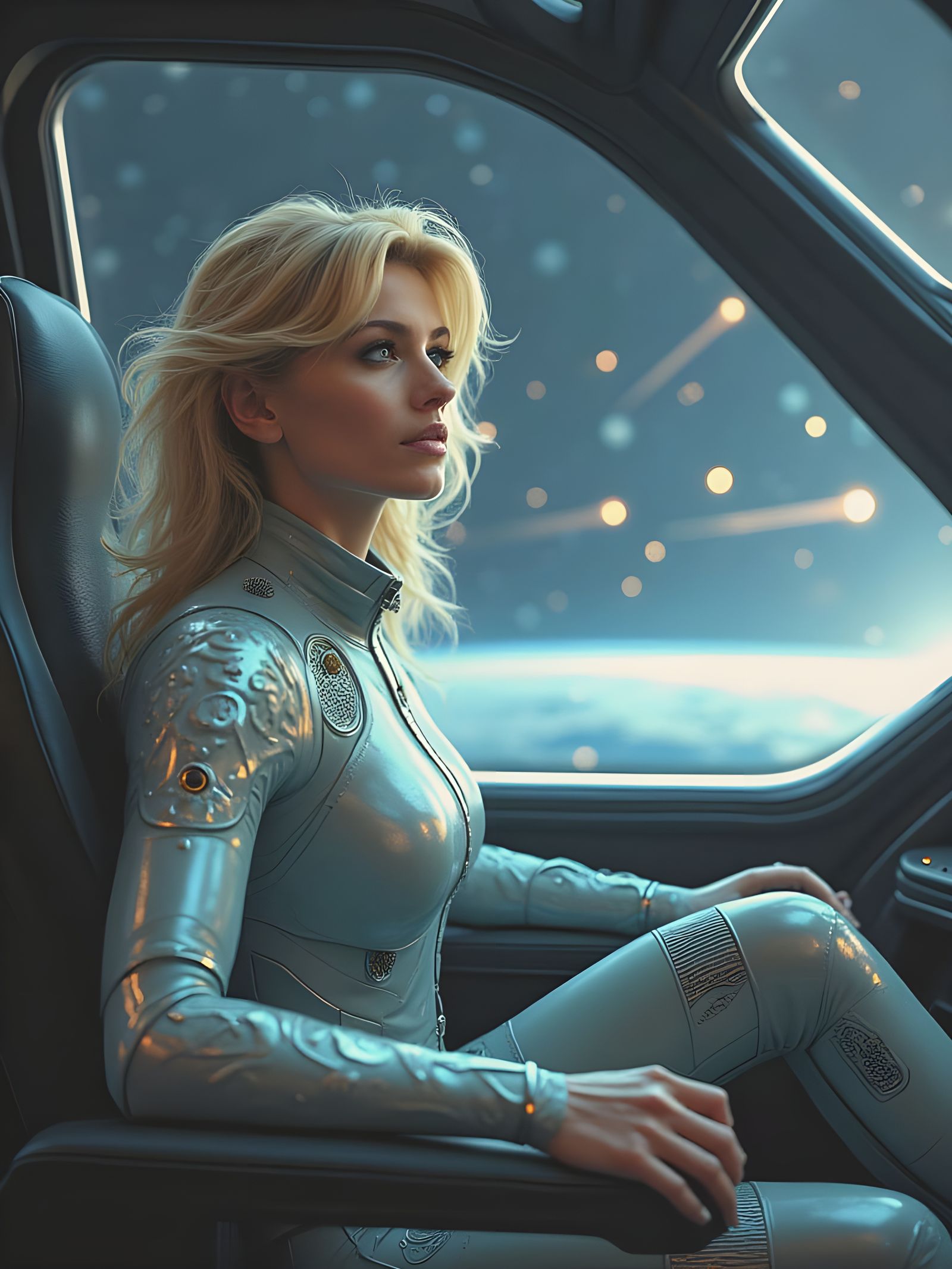 Cyberpunk Space Pilotess in Futuristic Cockpit