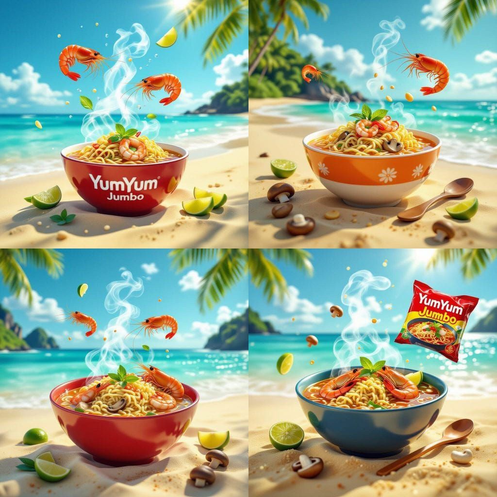 Tom Yum Noodles on a Tropical Beach in 3D