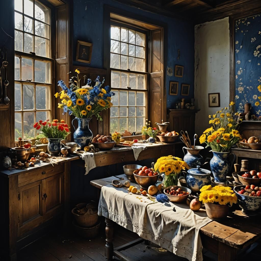 Dried Flowers on Butcher Table: Hyperrealist Magical Realism