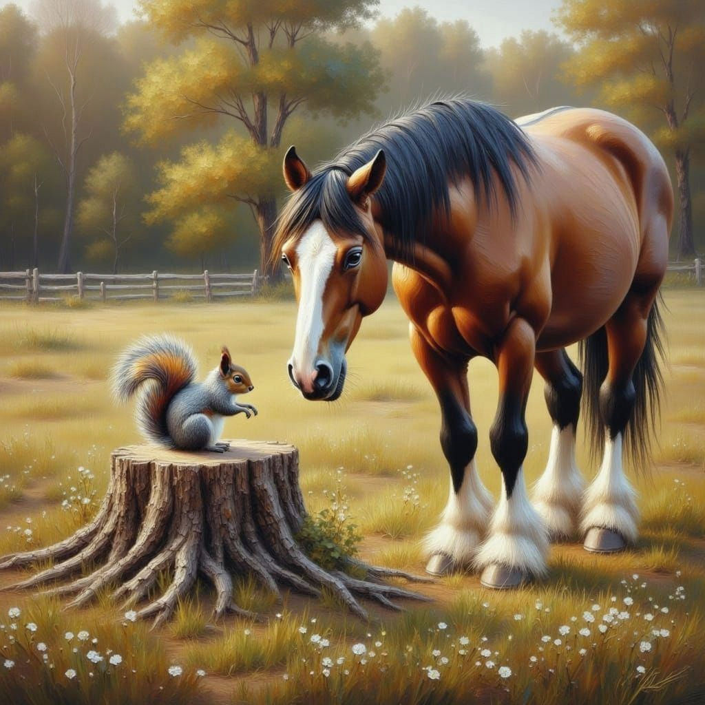 Clydesdale Horse and Squirrel in Pasture