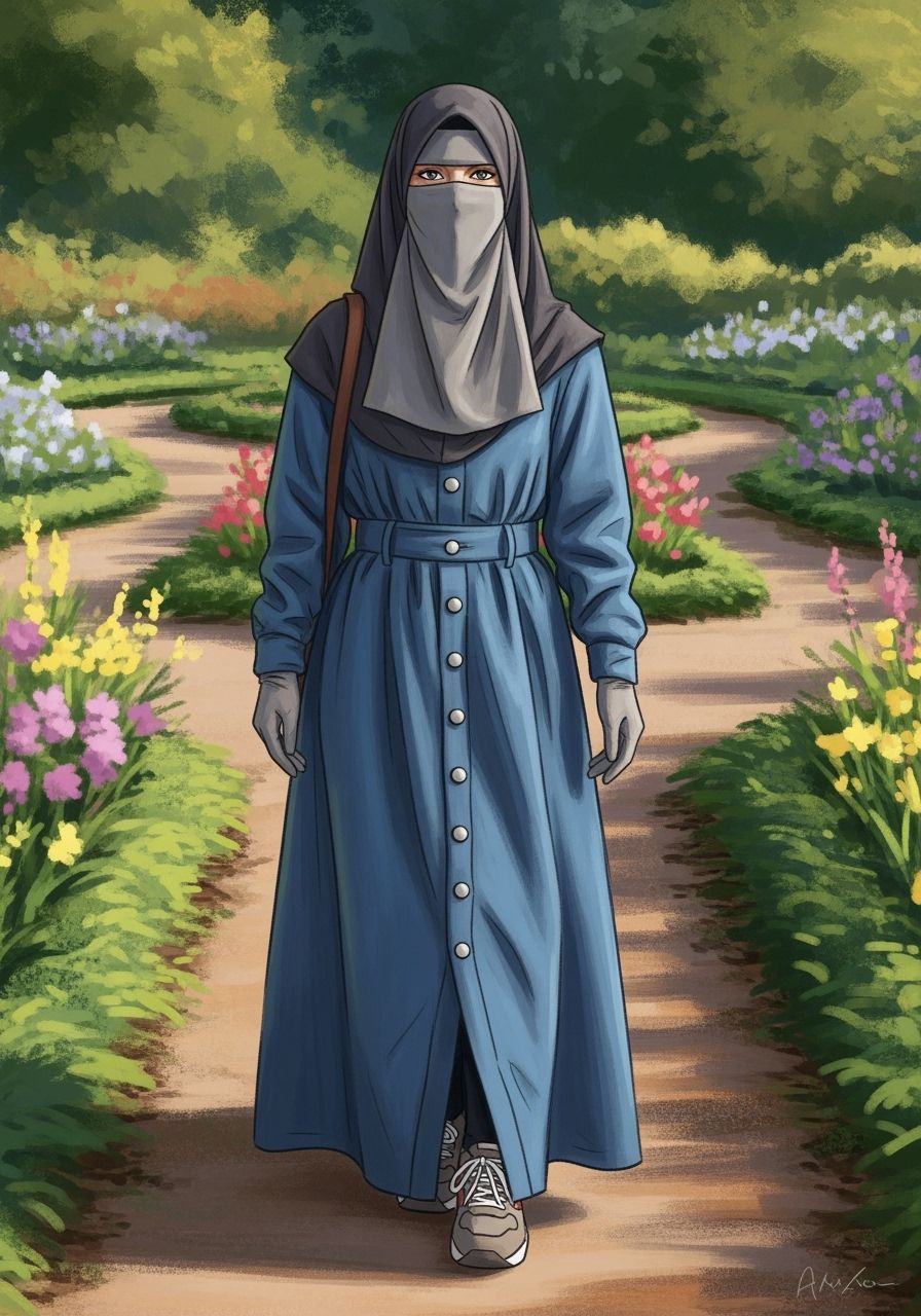 Niqabi Woman in Botanical Garden, Painterly Style