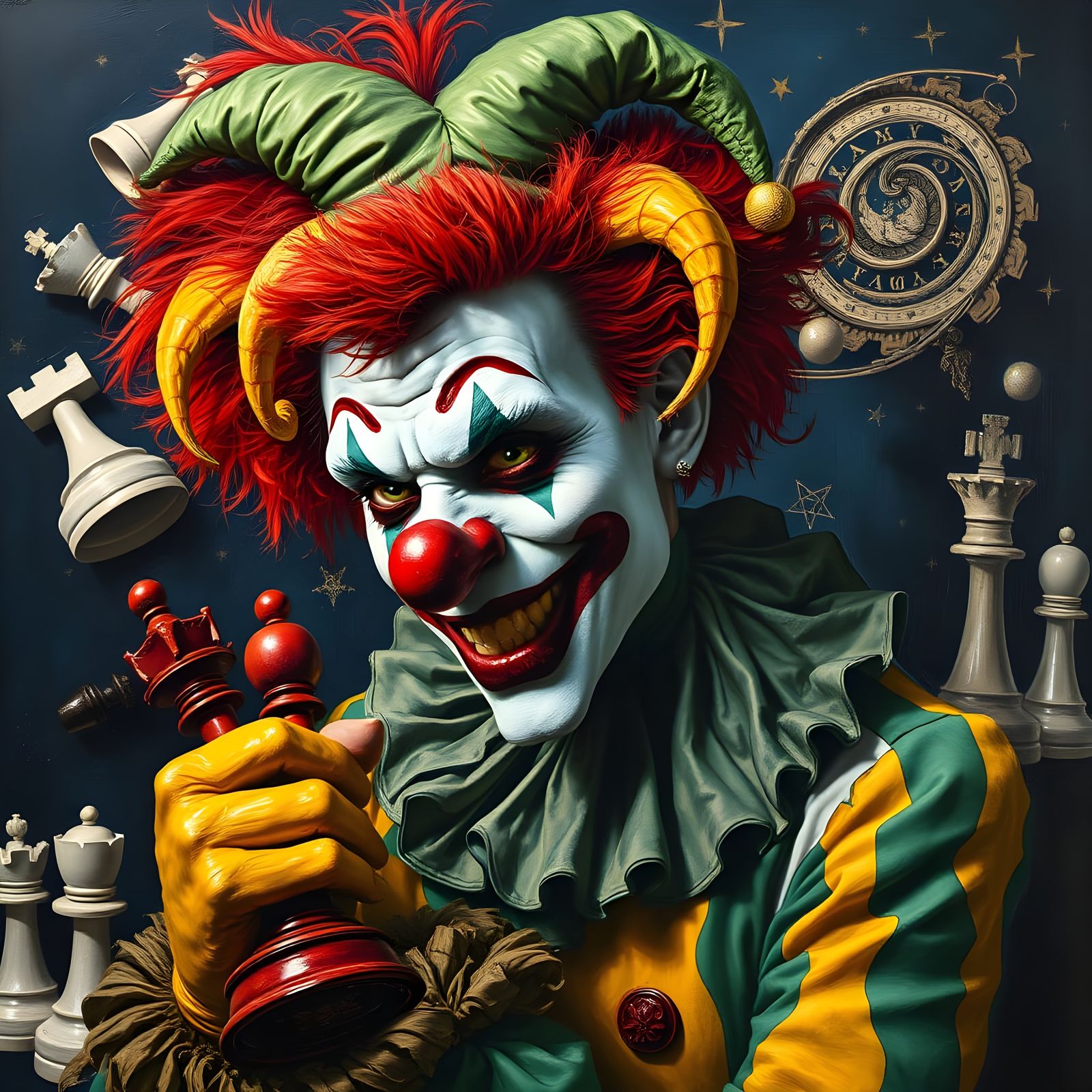 Grotesque Clown in Surrealistic Oil Painting