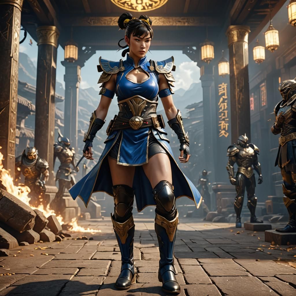 Chun Li Confronts Anunnaki in 3D Game Cinematic Style