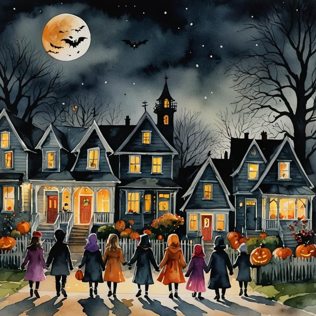 Halloween Kids Skip Christmas House: Watercolor