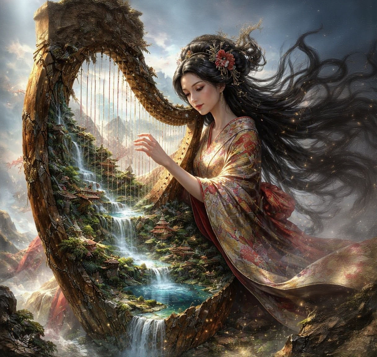 Giant Geisha Plays Broken Harp with Wonderland Kingdom Insid...