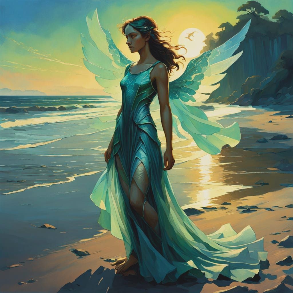 Angel With Sea Glass Wings on Twilight Beach