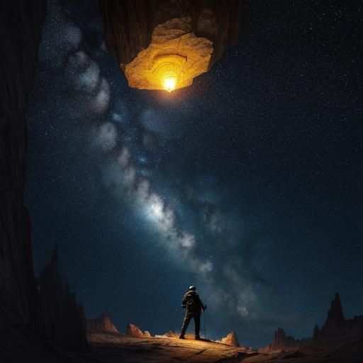 Speleologist in an Infinite Cave with Starry Sky