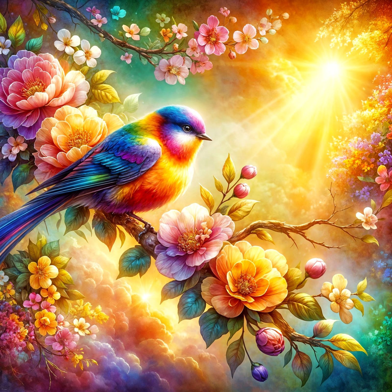 Radiant Bird in Magical Garden: Fantasy Nature Art