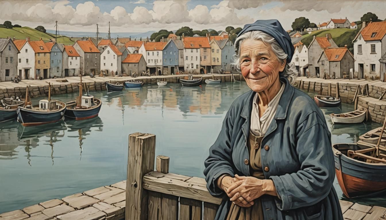 Fisherwoman in Naive Art Style Harbor Town