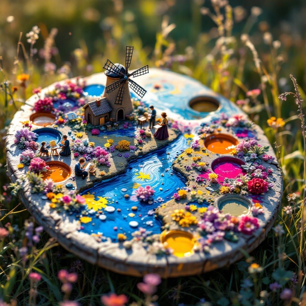 Miniature Impressionist Landscape on a Worn Painter's Palett...