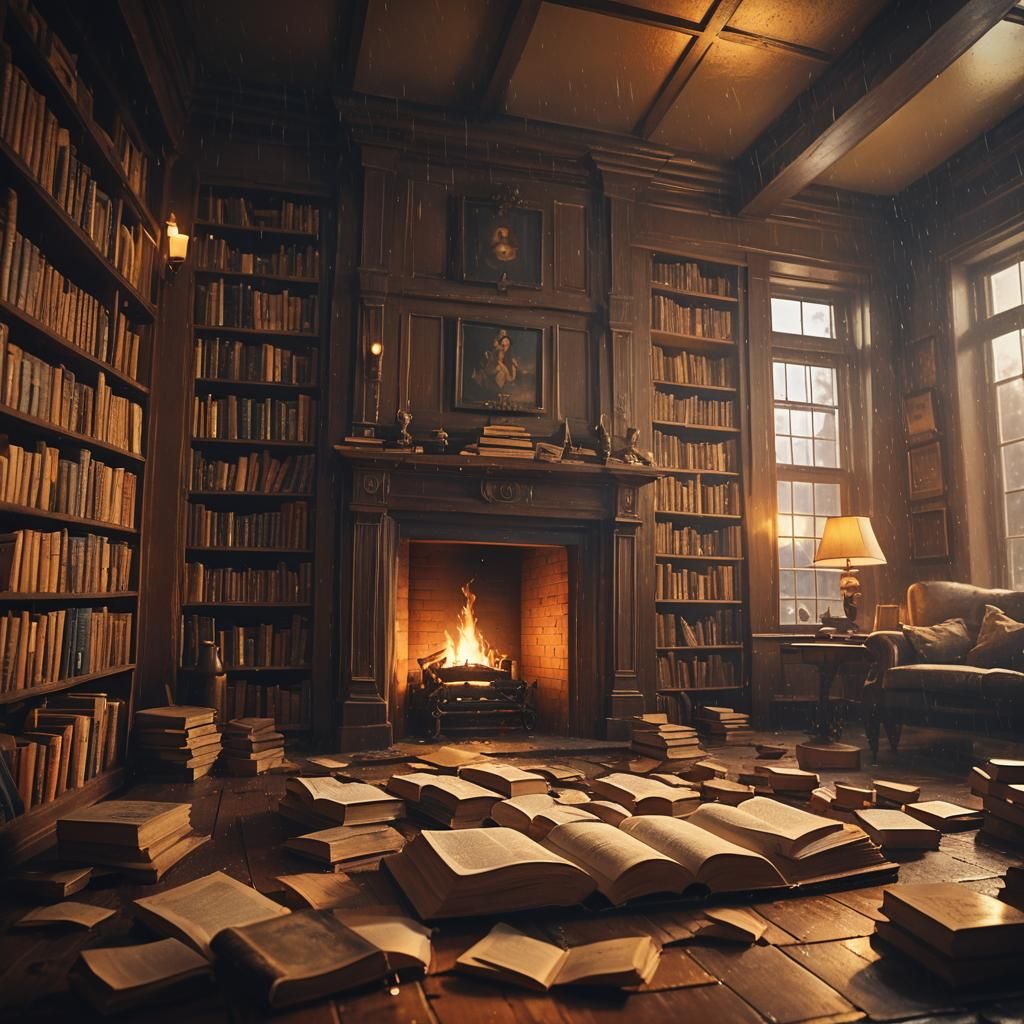 Cozy Library Scene in Dramatic Oil Painting Style
