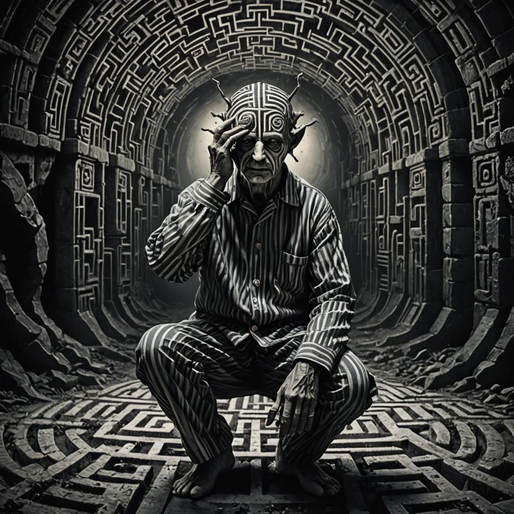 Bug-Headed Man in Striped Pyjamas in Labyrinth