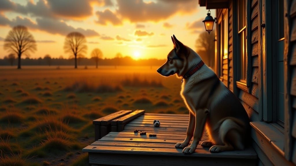 Loyal Dog Waits on Porch at Sunset as Impasto Painting