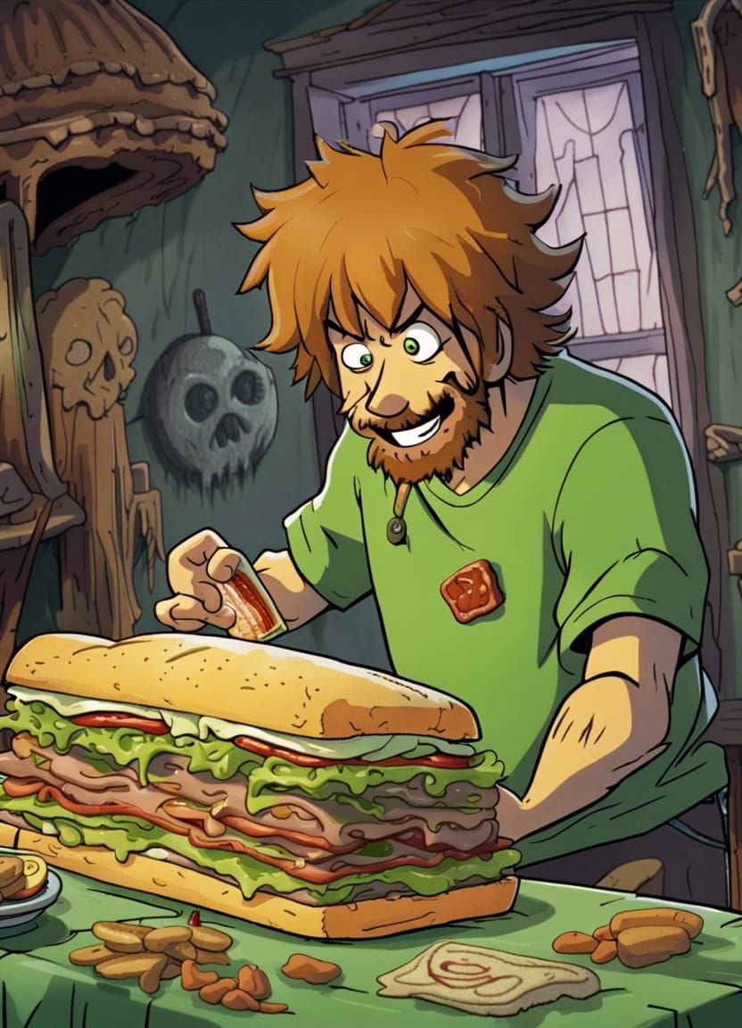 Shaggy Builds Giant Sandwich in Haunted House
