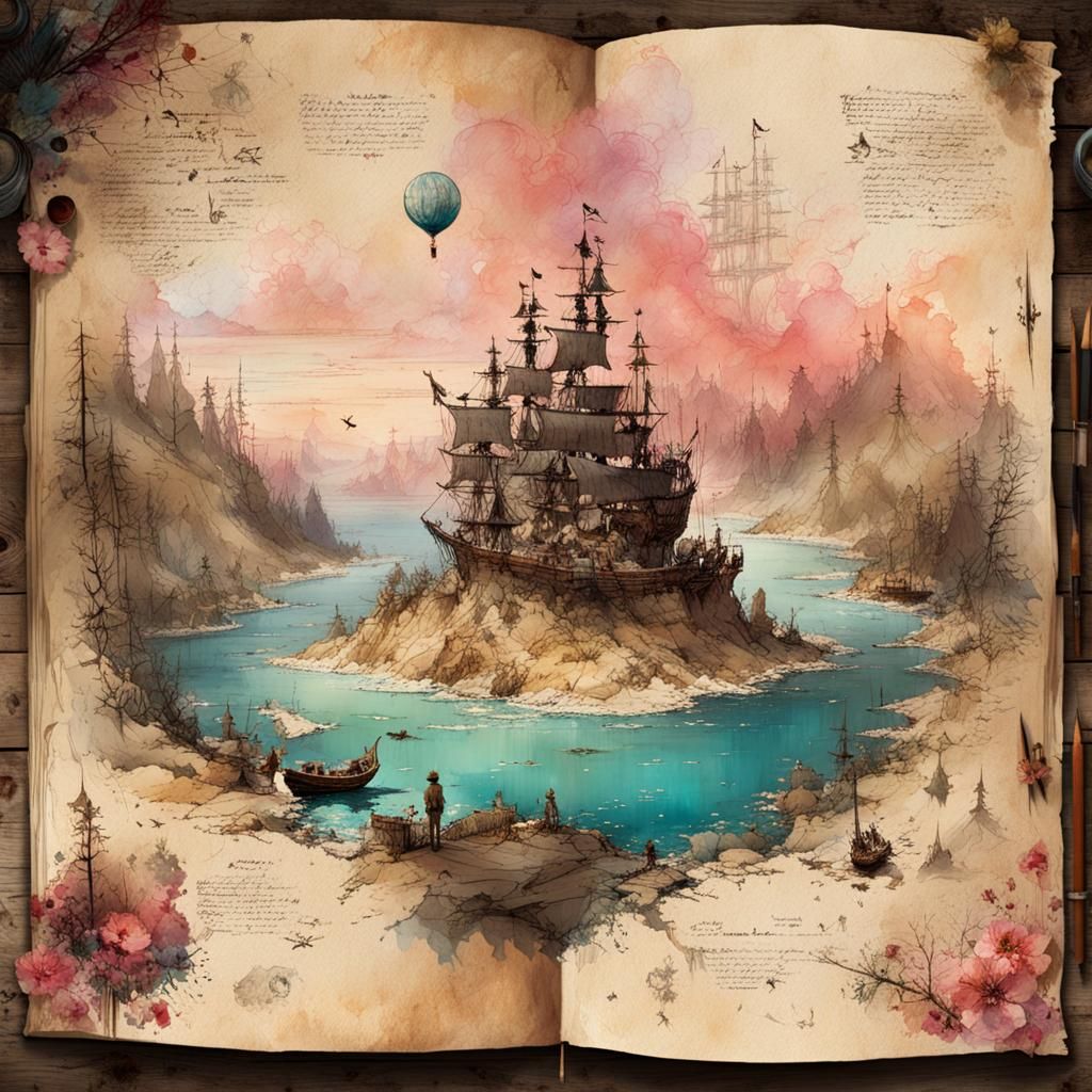 Fantastic Treasure Map in Watercolor Splash Art Style