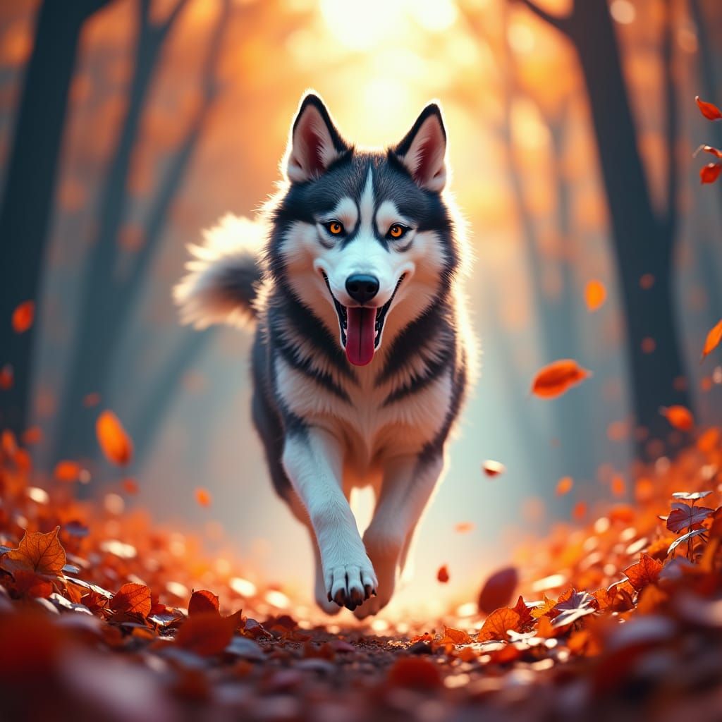 Husky's Autumn Adventure: Joyful Run Through Vibrant Forest