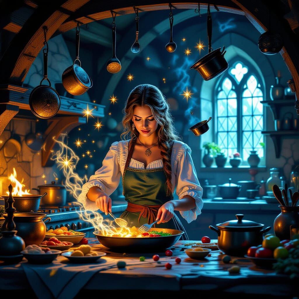 Magical Cook Levitating Kitchen Items in Medieval Fantasy Ar...