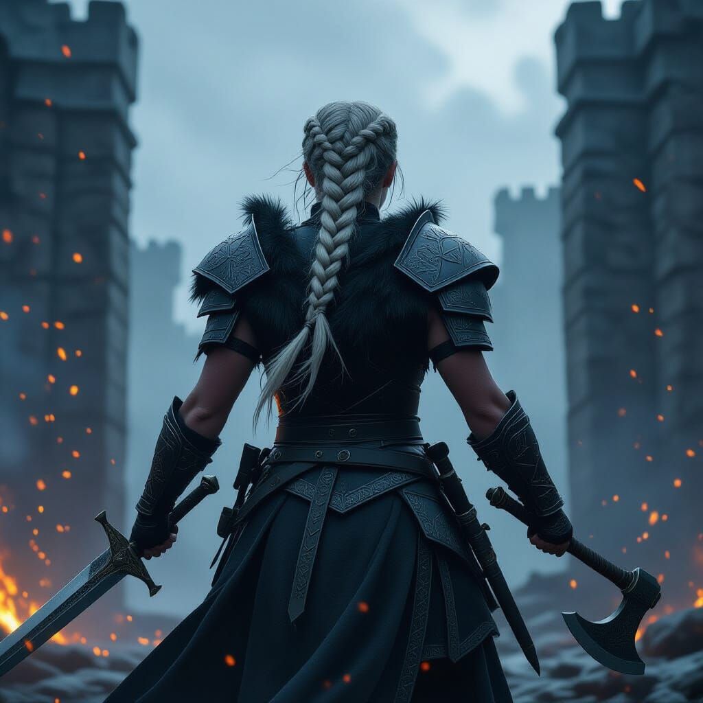 Norse Warrior Confronts Fortress Gates in Storm