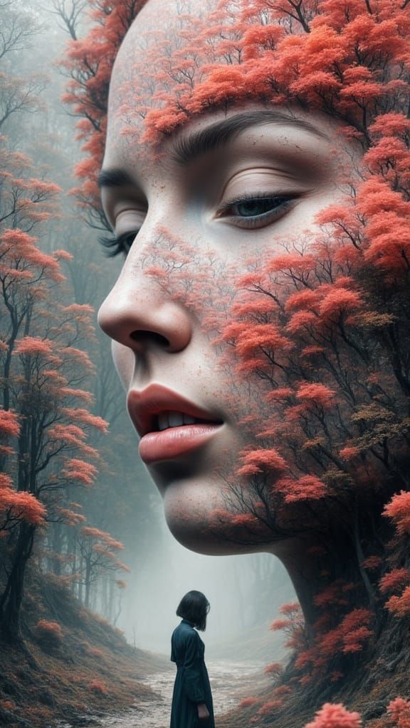 Dreamy Double Exposure Kiss in a Surreal Landscape