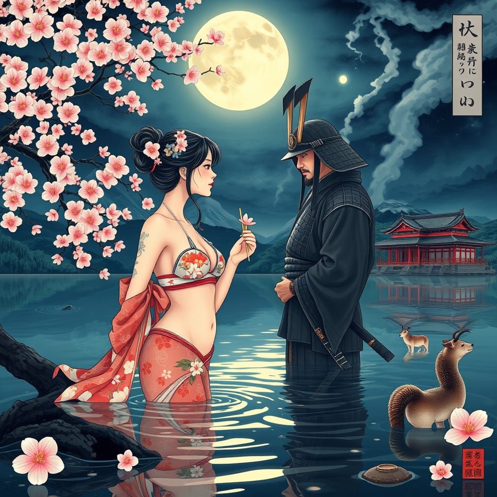 Japanese Goddess of Cherry Blossoms in Samurai's Adoring Gaz...