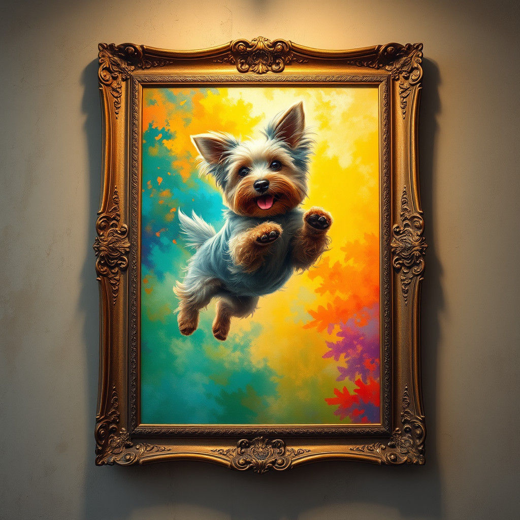 Yorkshire Terrier Leaping from Hyperrealistic Painting