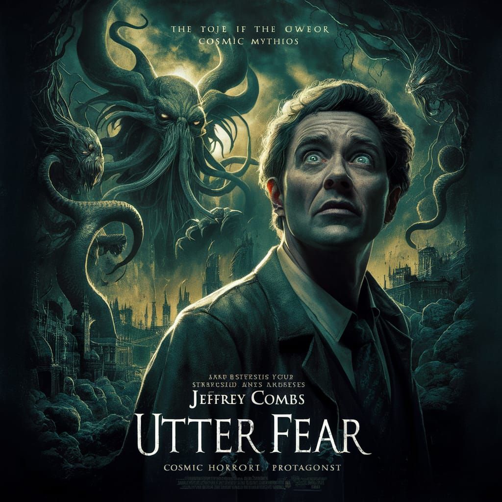 Movie poster for film called "UTTER FEAR" starring Jeffrey Combs Cosmic Horror imagery, Cthulhu mythos
