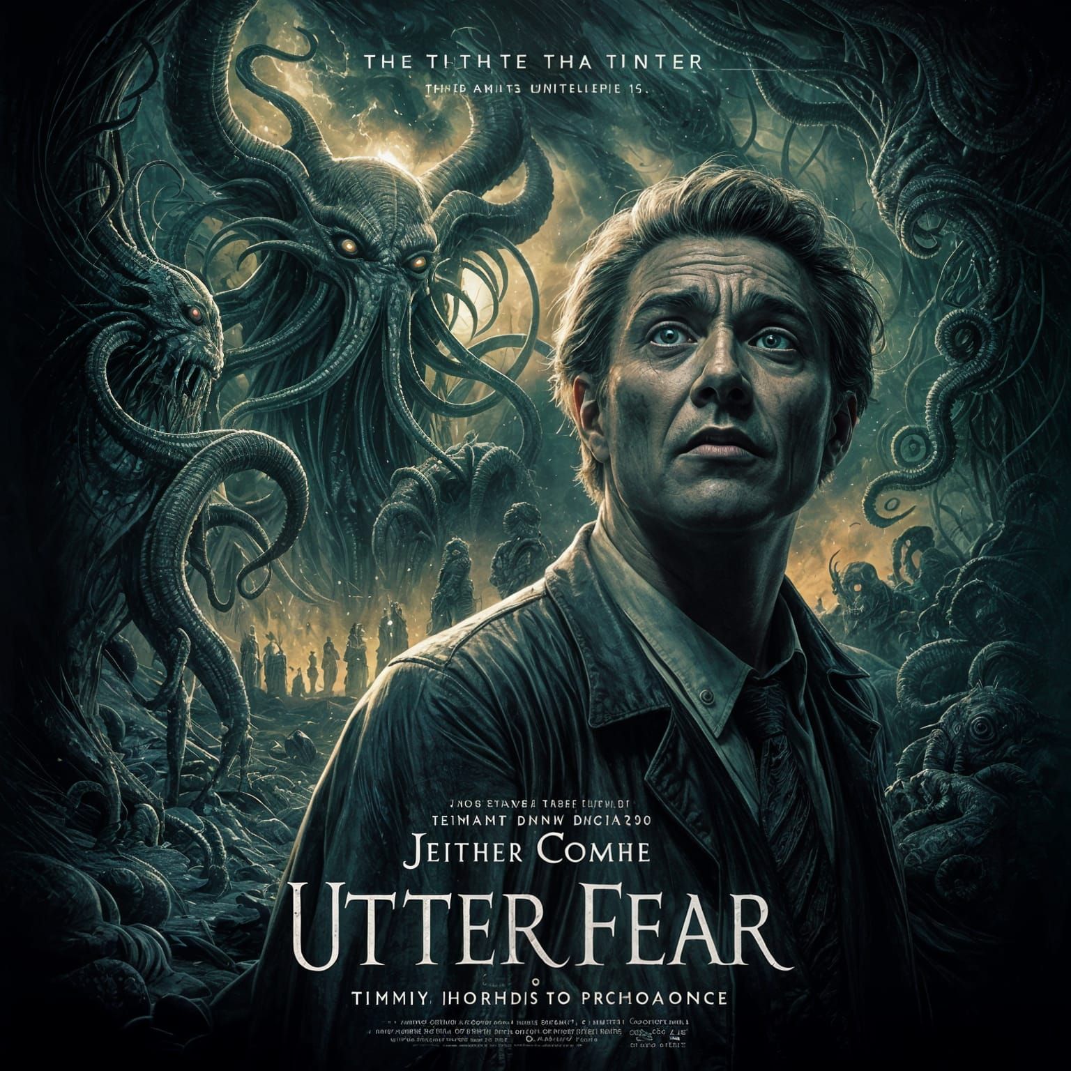 Redux Movie poster for film called "UTTER FEAR" starring Jeffrey Combs Cosmic Horror imagery, Cthulhu mythos